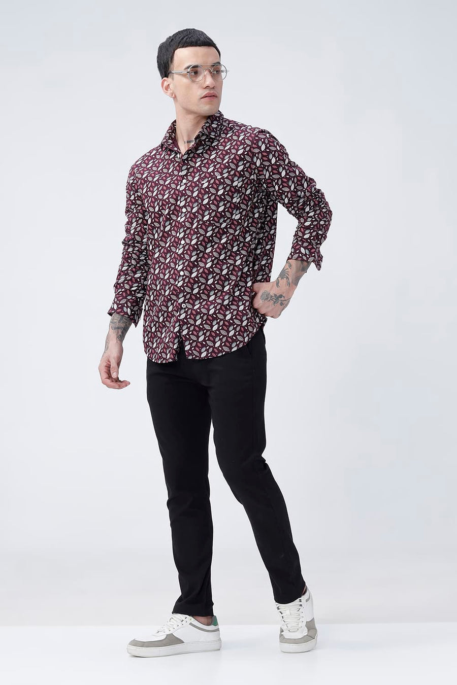 BASICS SLIM FIT BROWN PLUM COTTON POPLIN PRINTED SHIRT
