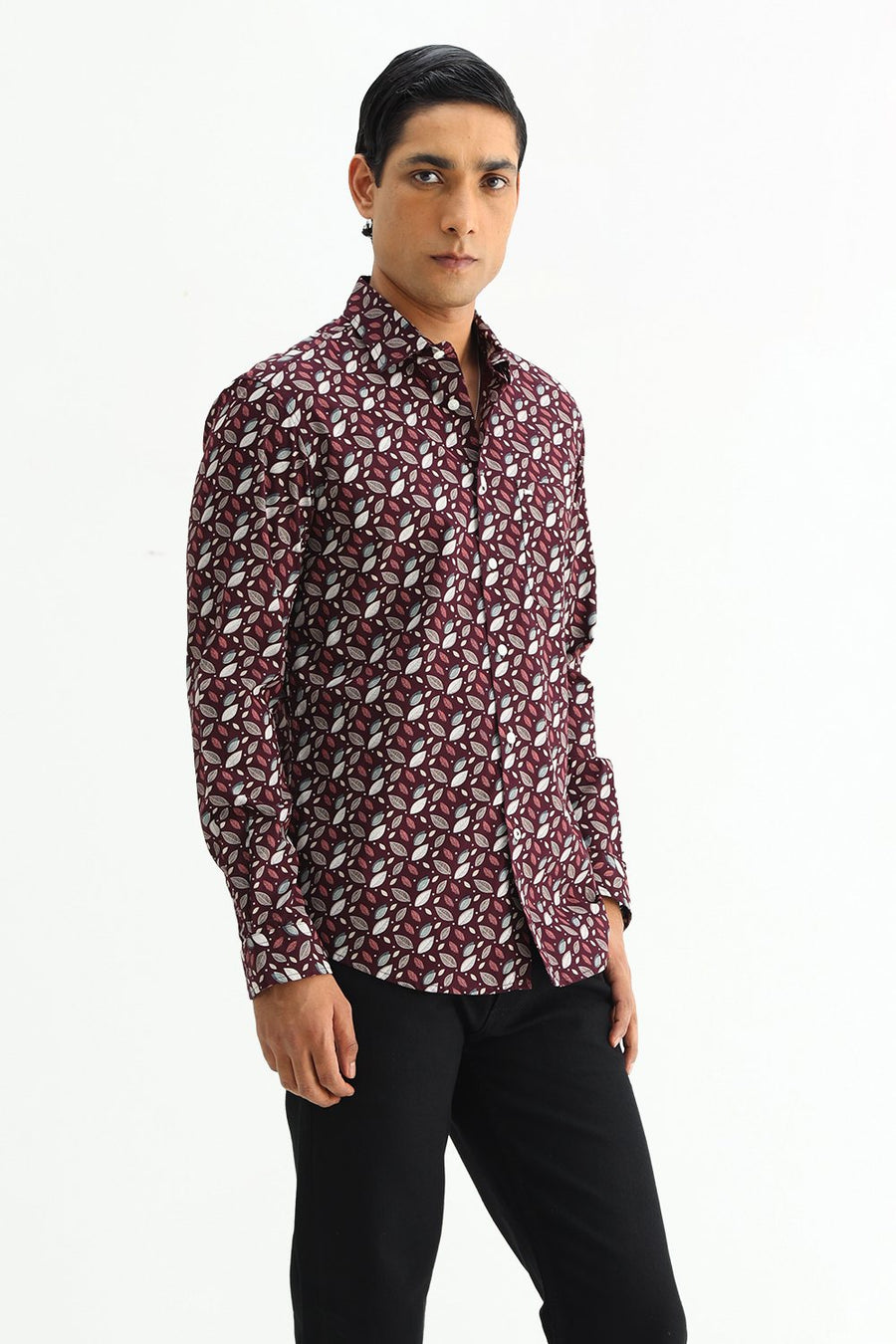 BASICS SLIM FIT BROWN PLUM COTTON POPLIN PRINTED SHIRT