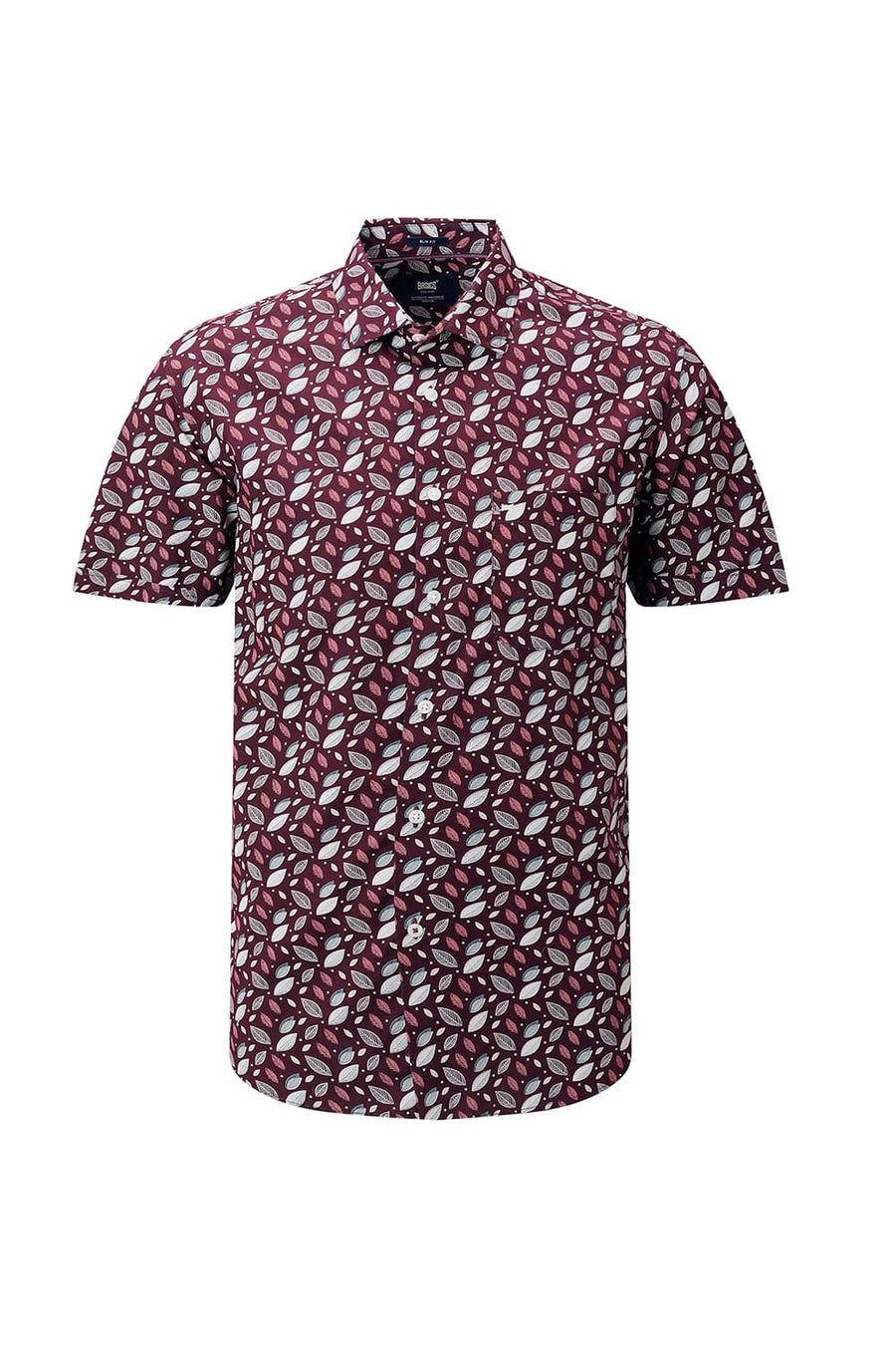 BASICS SLIM FIT BROWN PLUM COTTON POPLIN PRINTED HALFSLEEVES SHIRT