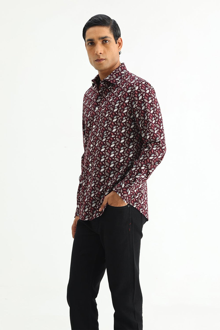 BASICS SLIM FIT BROWN PLUM COTTON POPLIN PRINTED SHIRT