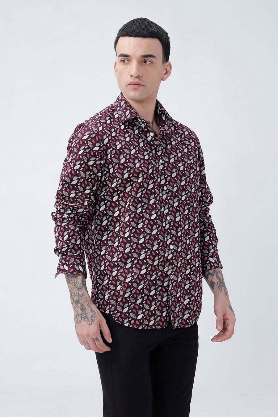 BASICS SLIM FIT BROWN PLUM COTTON POPLIN PRINTED SHIRT