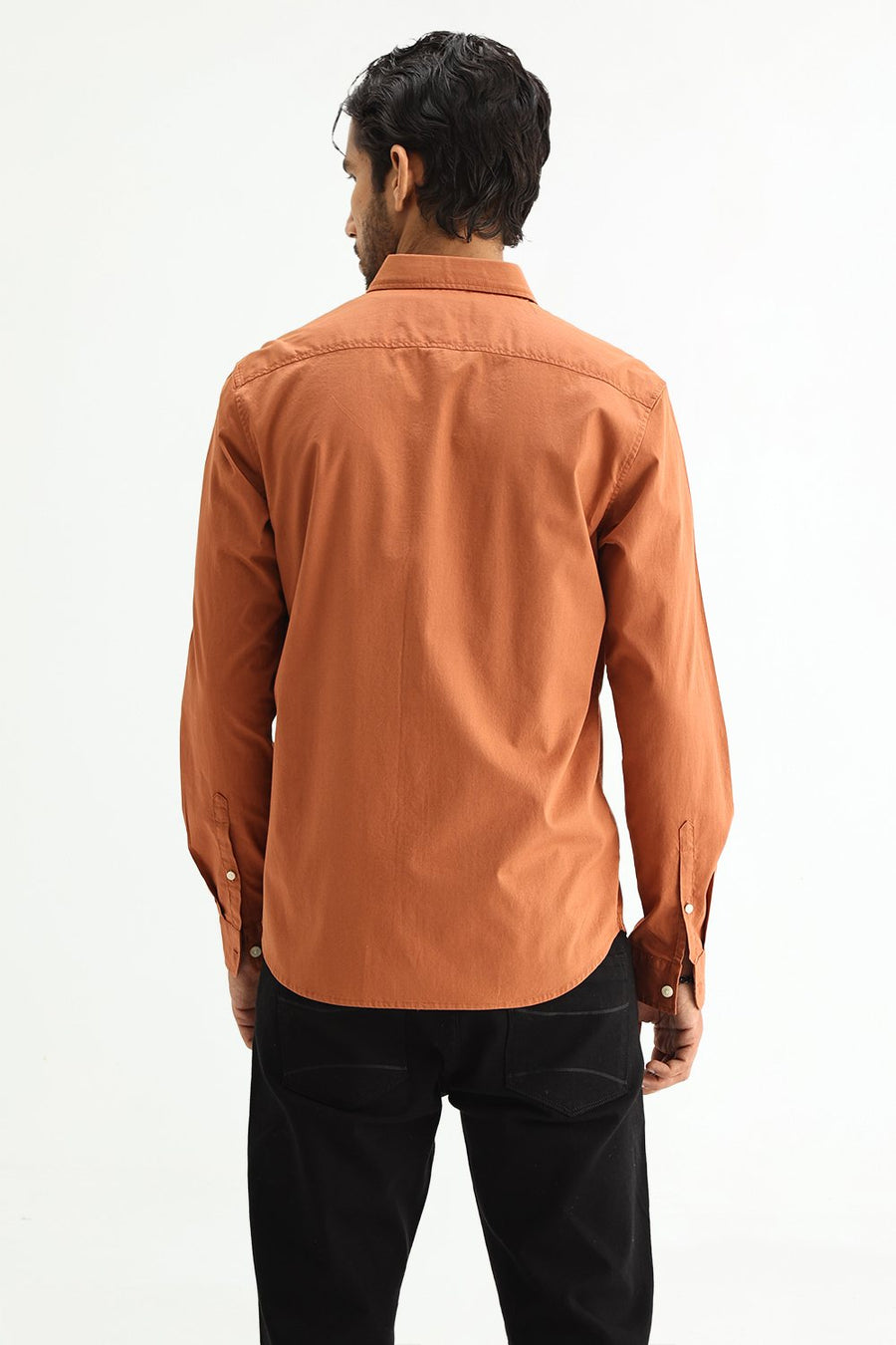 BASICS SLIM FIT RUST ORANGE COTTON TWILL SHIRT