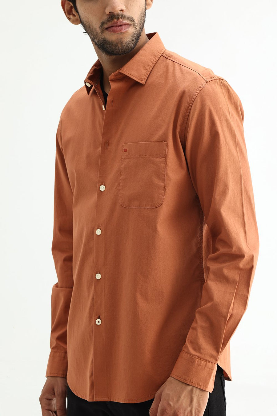 BASICS SLIM FIT RUST ORANGE COTTON TWILL SHIRT