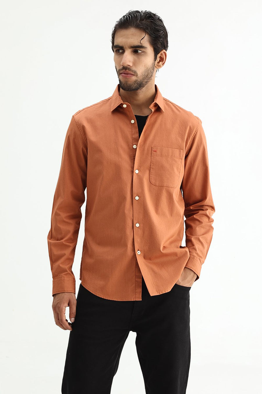 BASICS SLIM FIT RUST ORANGE COTTON TWILL SHIRT