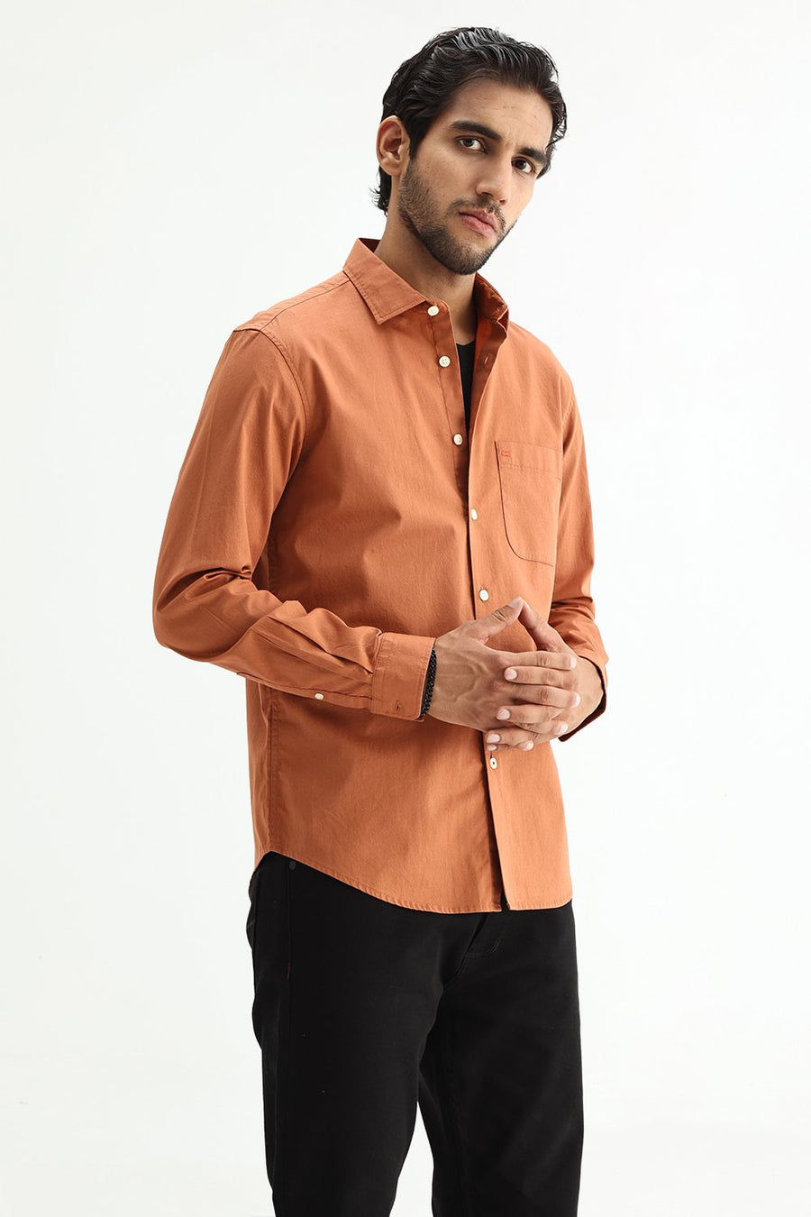 BASICS SLIM FIT RUST ORANGE COTTON TWILL SHIRT