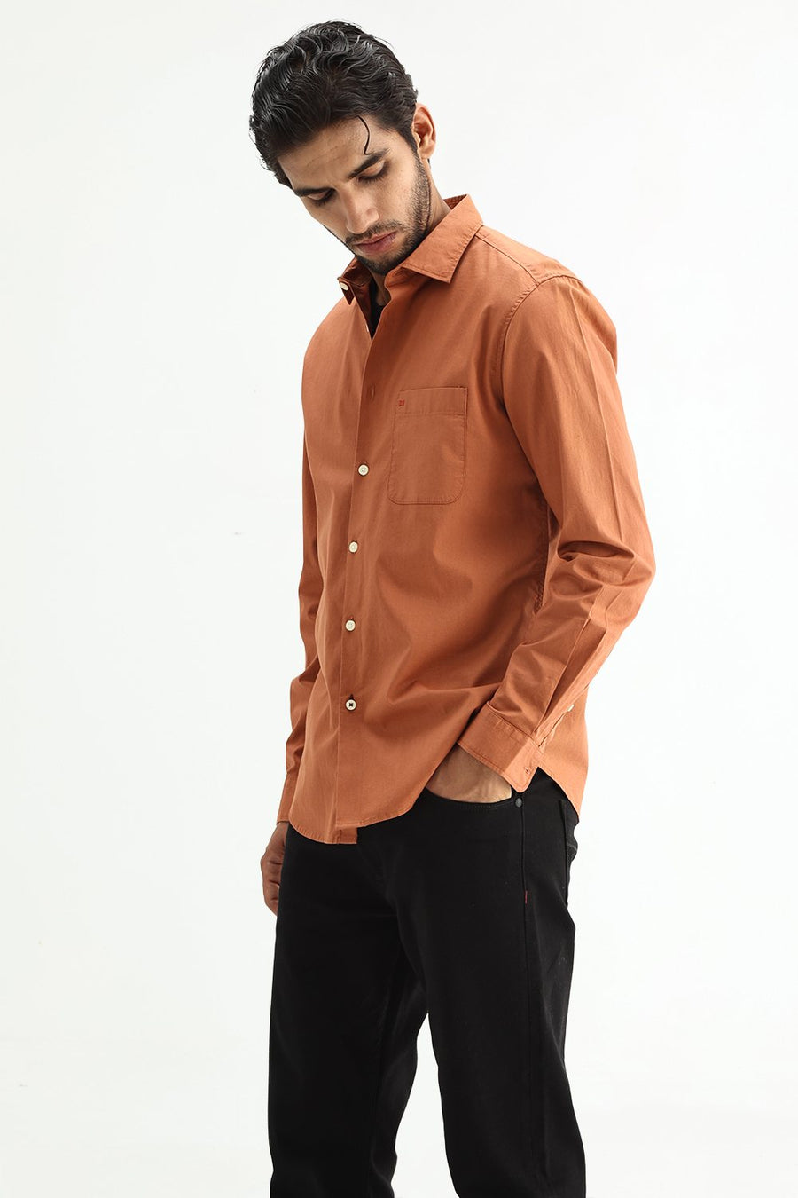 BASICS SLIM FIT RUST ORANGE COTTON TWILL SHIRT
