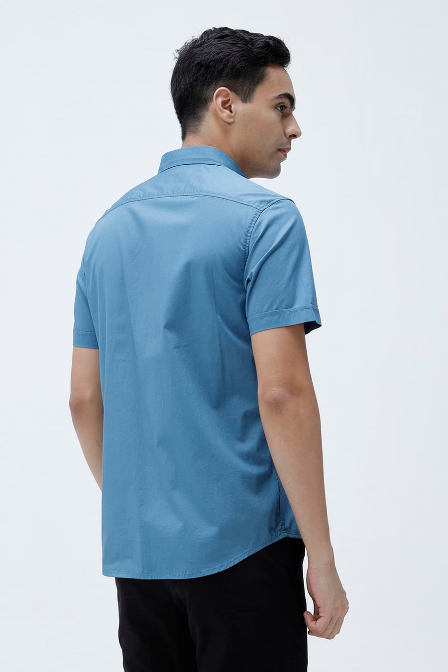 BASICS SLIM FIT BLUE HEAVEN COTTON TWILL HALFSLEEVES SHIRT