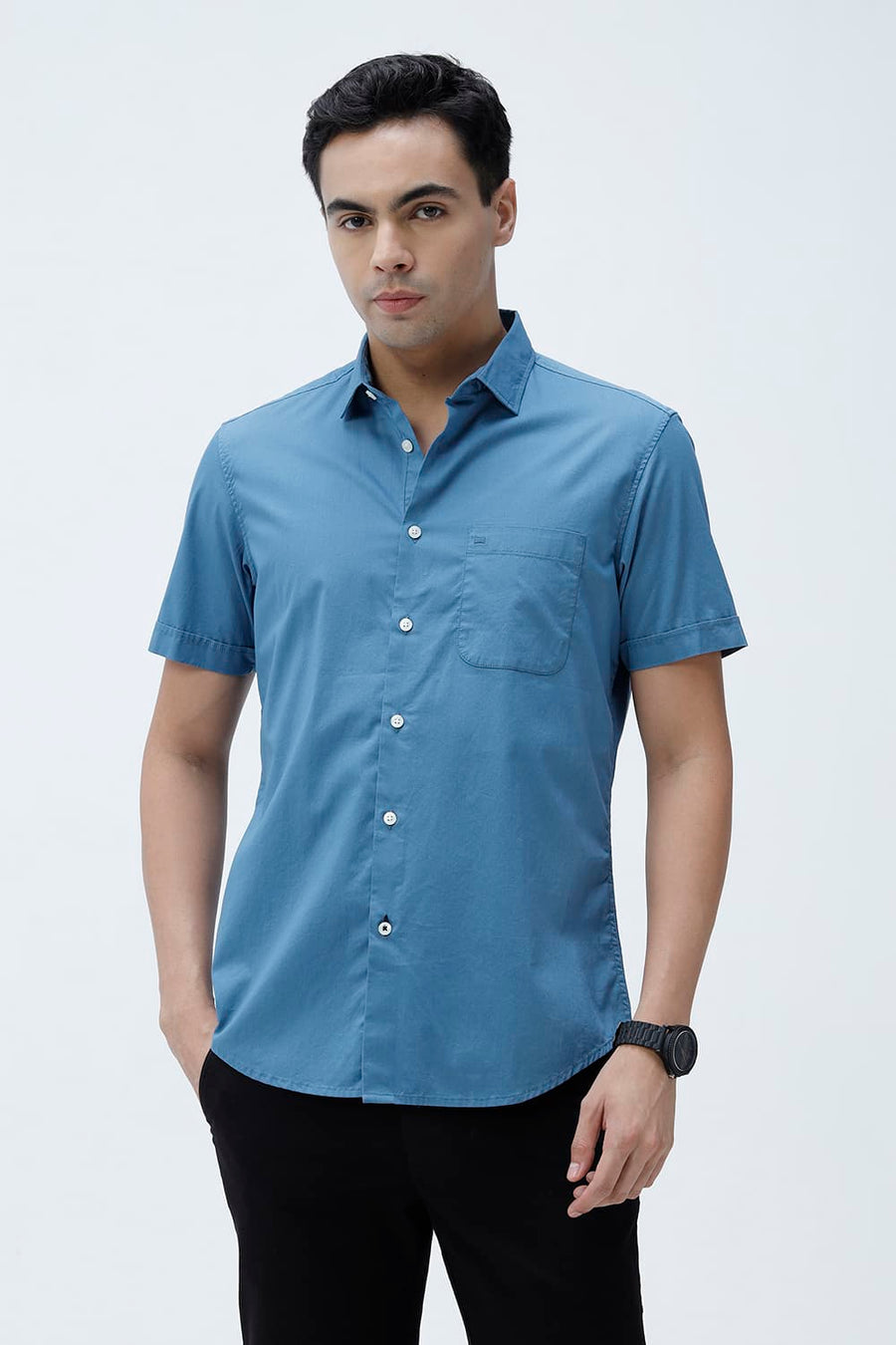 BASICS SLIM FIT BLUE HEAVEN COTTON TWILL HALFSLEEVES SHIRT