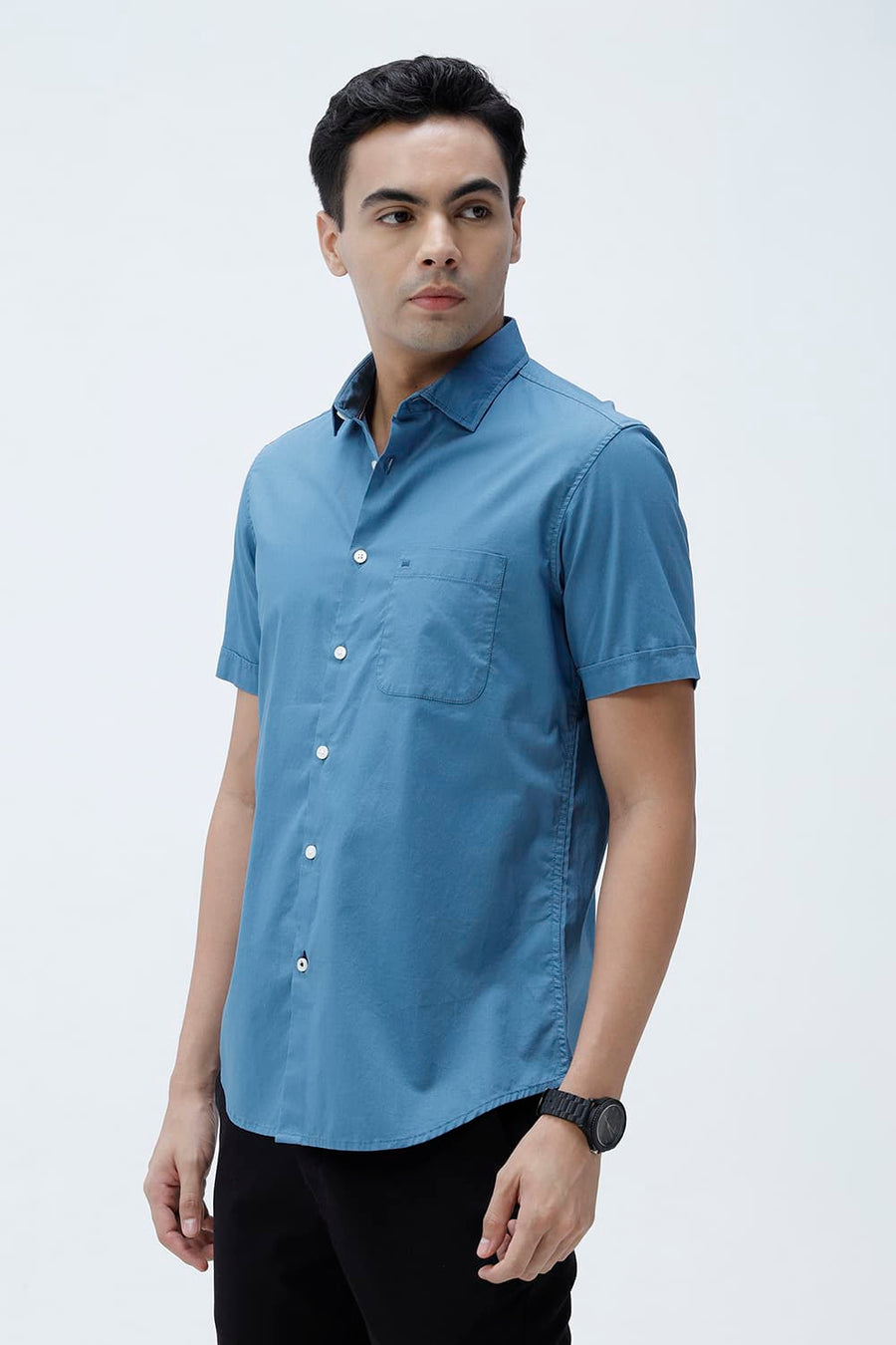 BASICS SLIM FIT BLUE HEAVEN COTTON TWILL HALFSLEEVES SHIRT
