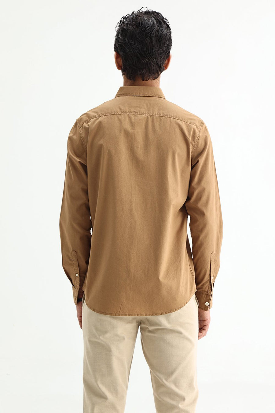 BASICS SLIM FIT TABACCO BROWN COTTON TWILL SHIRT