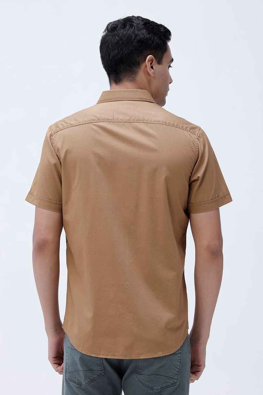 BASICS SLIM FIT TABACCO BROWN COTTON TWILL HALFSLEEVES SHIRT