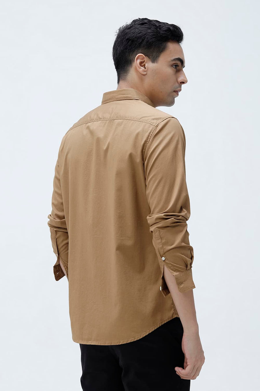 BASICS SLIM FIT TABACCO BROWN COTTON TWILL SHIRT