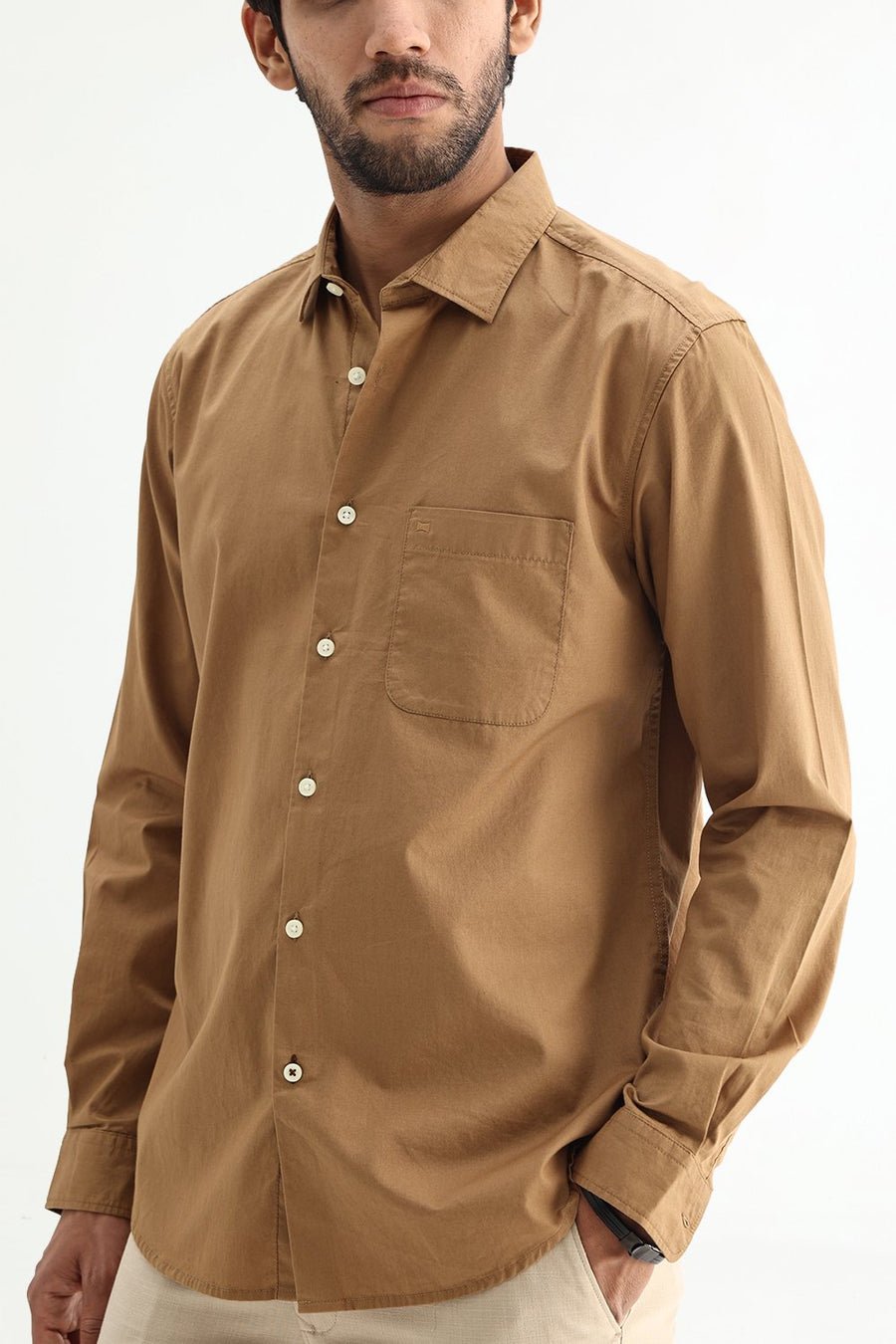 BASICS SLIM FIT TABACCO BROWN COTTON TWILL SHIRT