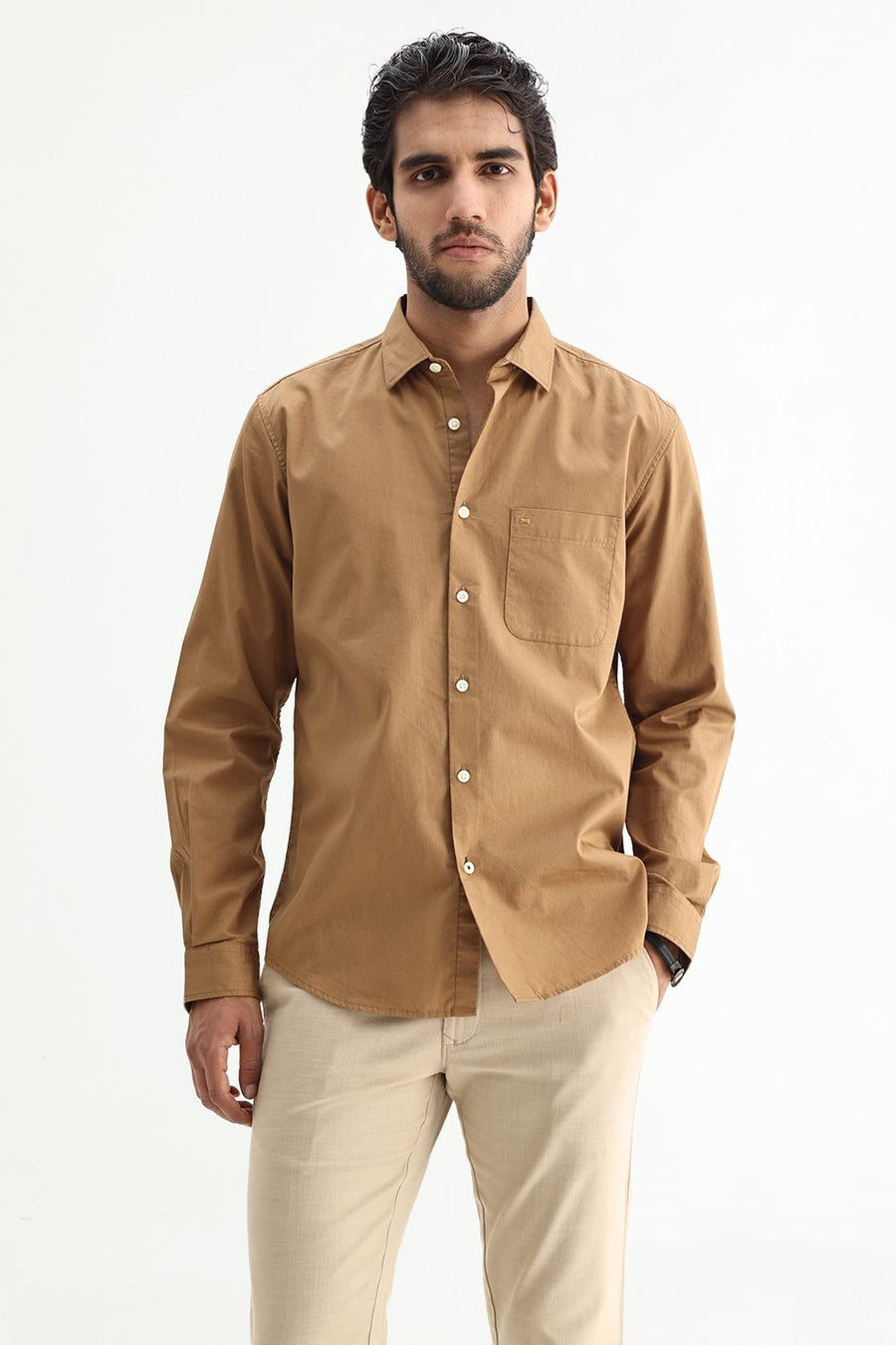 BASICS SLIM FIT TABACCO BROWN COTTON TWILL SHIRT