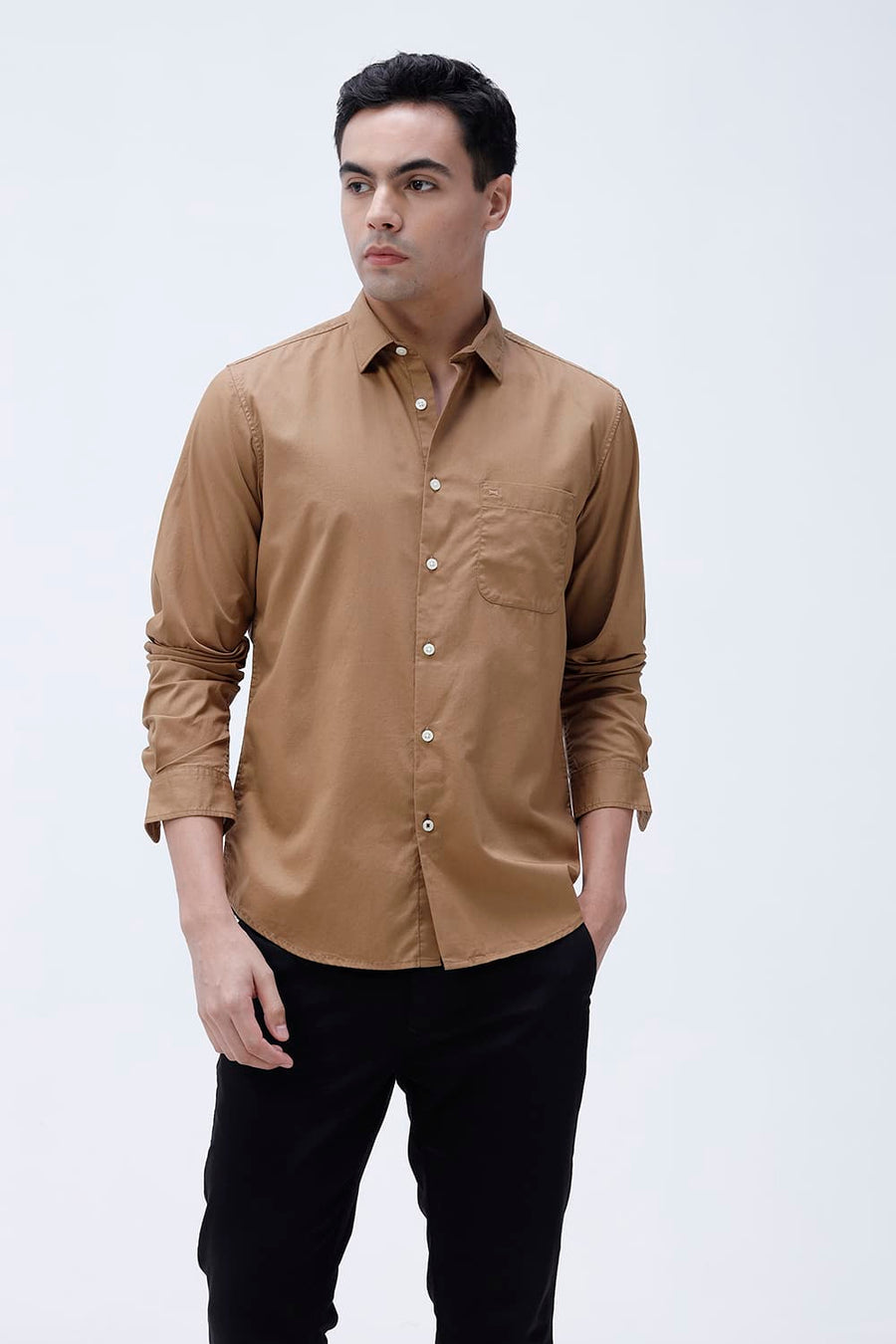 BASICS SLIM FIT TABACCO BROWN COTTON TWILL SHIRT