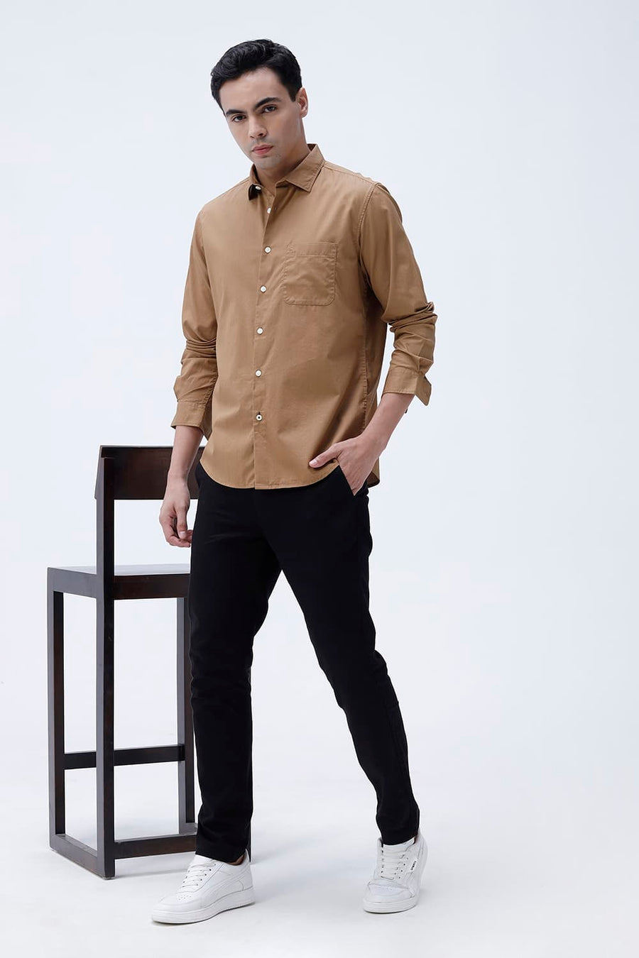 BASICS SLIM FIT TABACCO BROWN COTTON TWILL SHIRT
