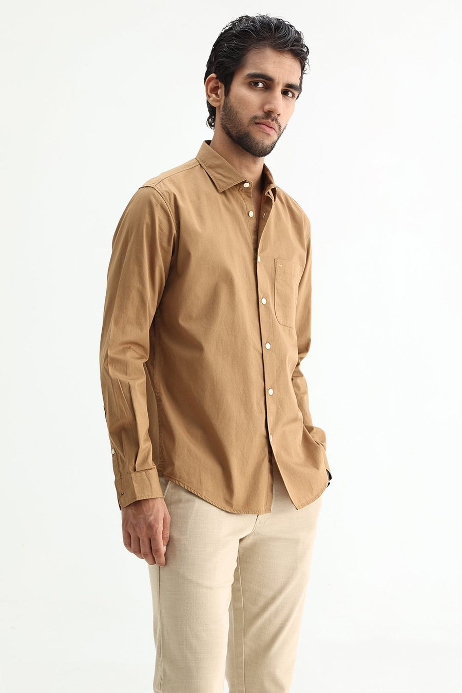 BASICS SLIM FIT TABACCO BROWN COTTON TWILL SHIRT