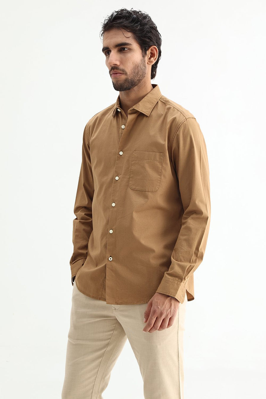 BASICS SLIM FIT TABACCO BROWN COTTON TWILL SHIRT