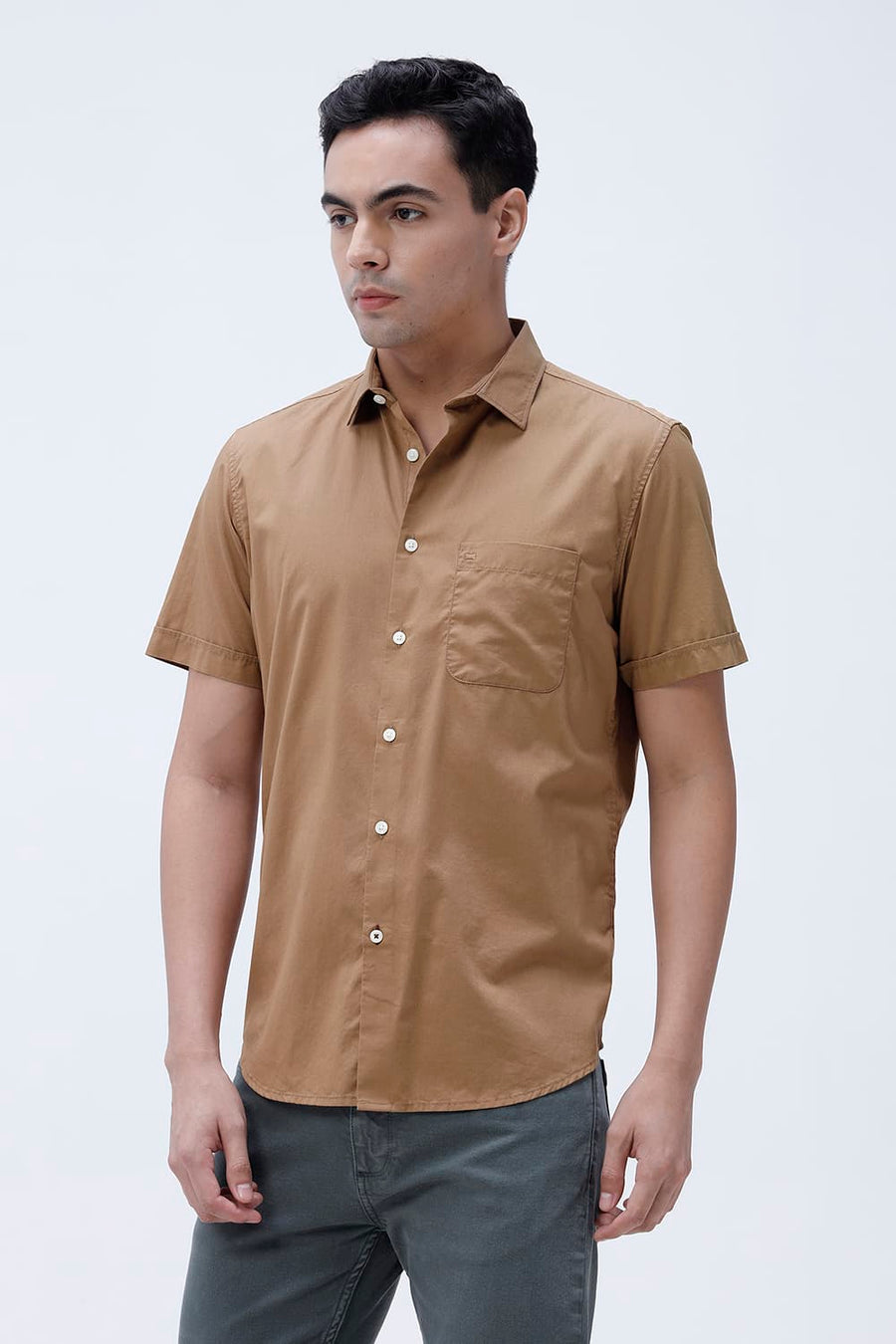 BASICS SLIM FIT TABACCO BROWN COTTON TWILL HALFSLEEVES SHIRT