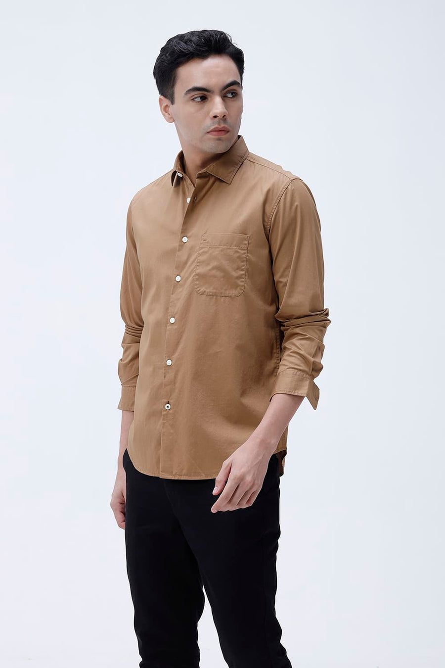 BASICS SLIM FIT TABACCO BROWN COTTON TWILL SHIRT