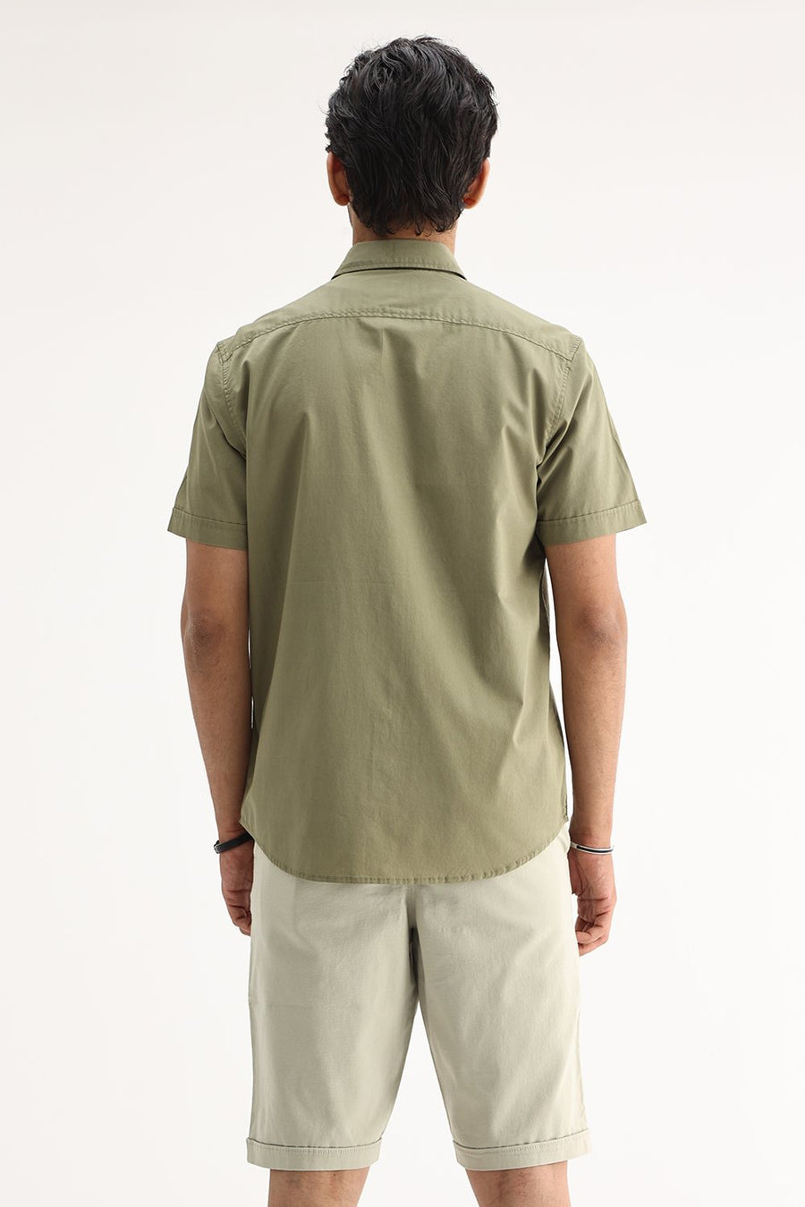 BASICS SLIM FIT LICHEN GREEN COTTON TWILL SHIRT