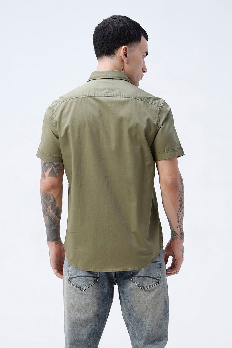 BASICS SLIM FIT LICHEN GREEN COTTON TWILL HALFSLEEVES SHIRT