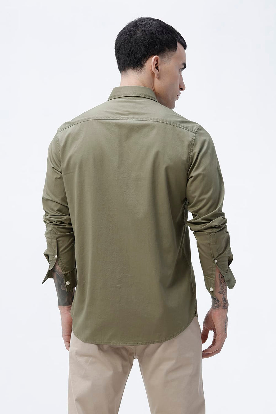 BASICS SLIM FIT LICHEN GREEN COTTON TWILL SHIRT