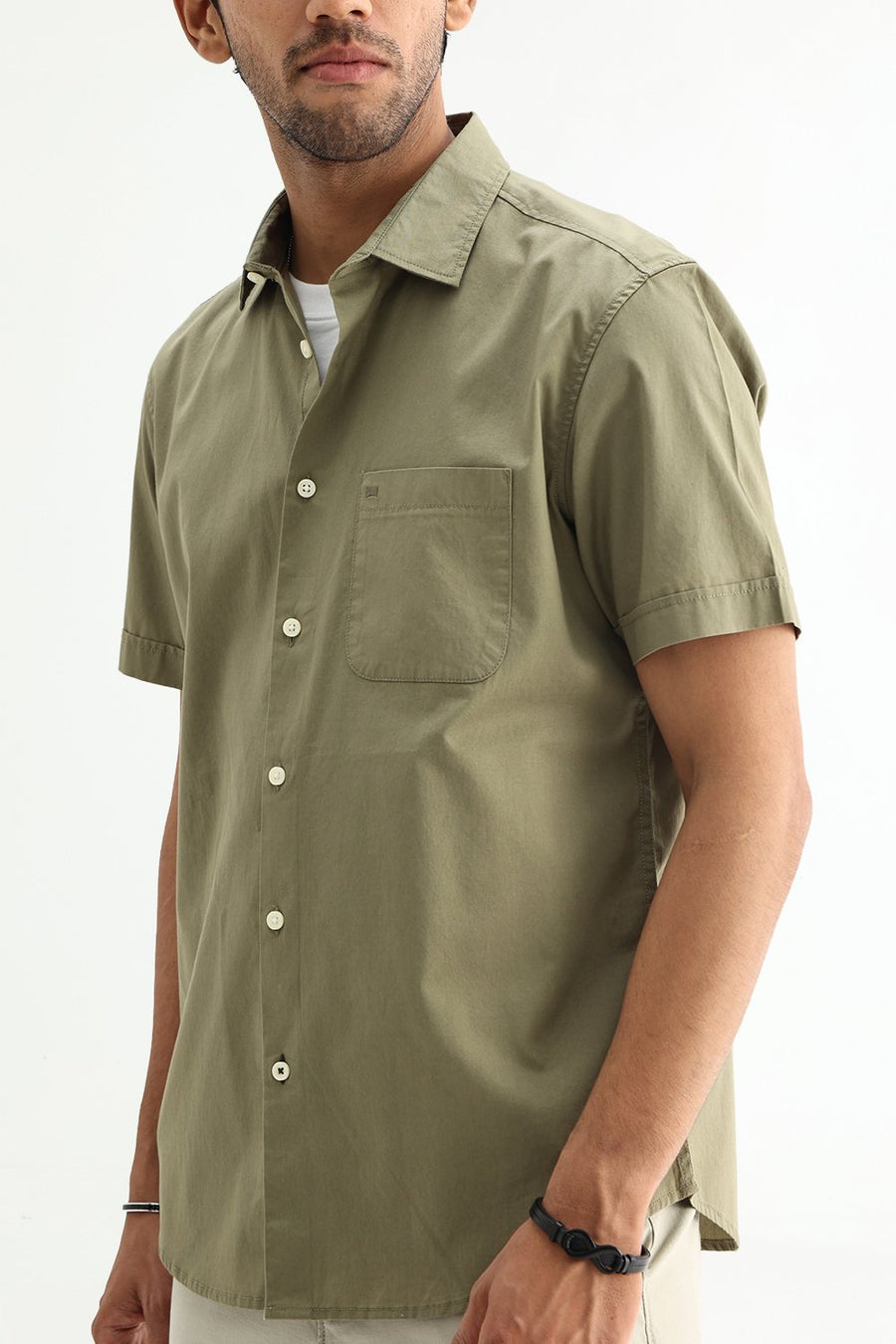 BASICS SLIM FIT LICHEN GREEN COTTON TWILL SHIRT