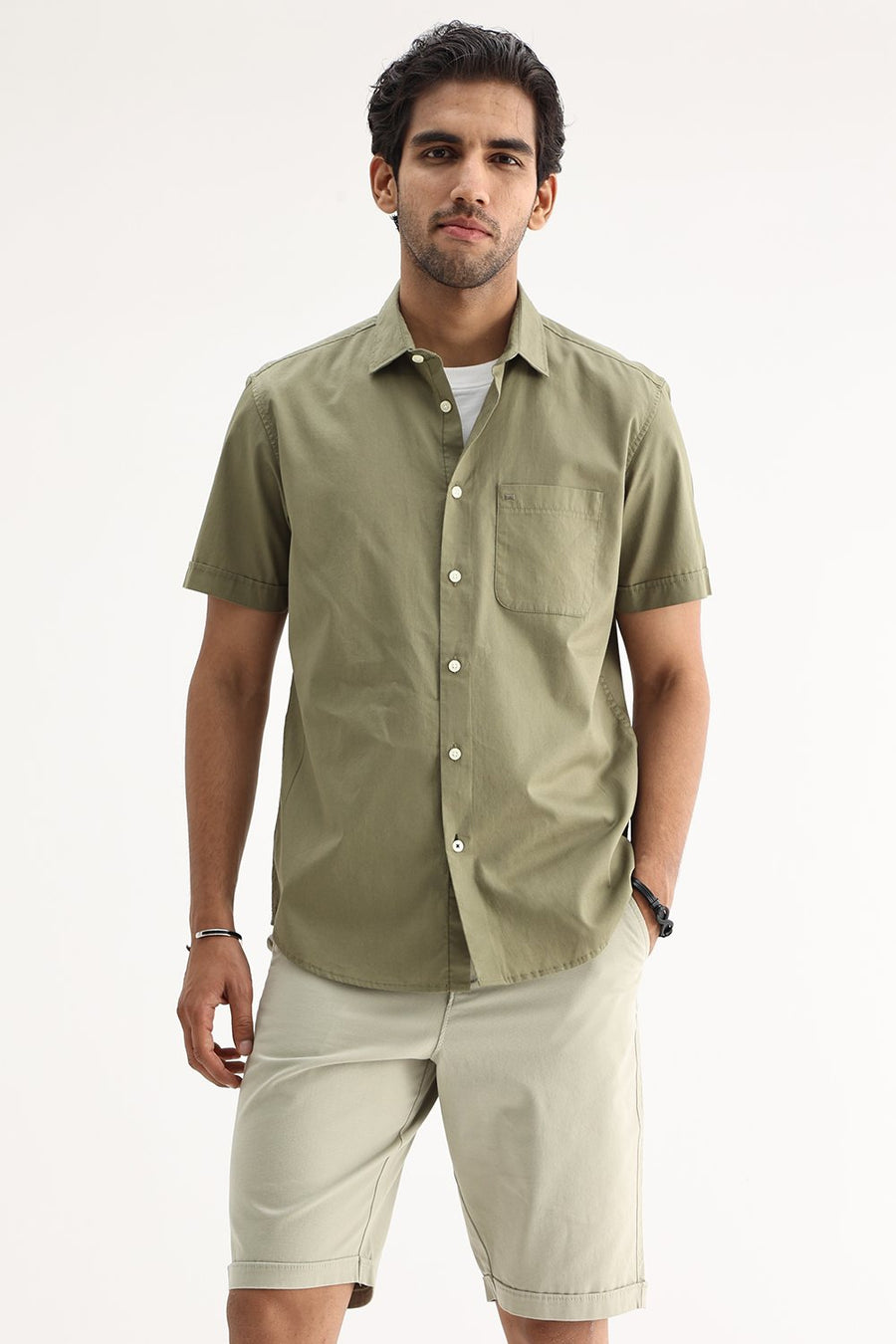 BASICS SLIM FIT LICHEN GREEN COTTON TWILL SHIRT