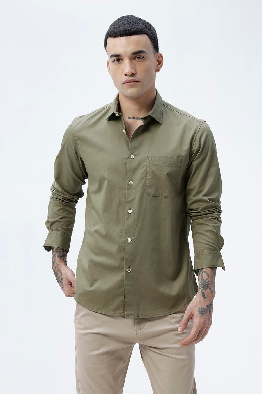BASICS SLIM FIT LICHEN GREEN COTTON TWILL SHIRT