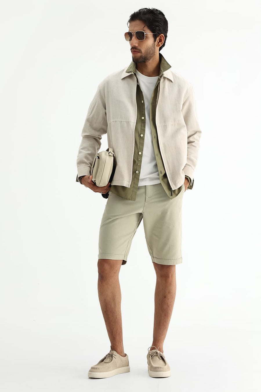 BASICS SLIM FIT LICHEN GREEN COTTON TWILL SHIRT