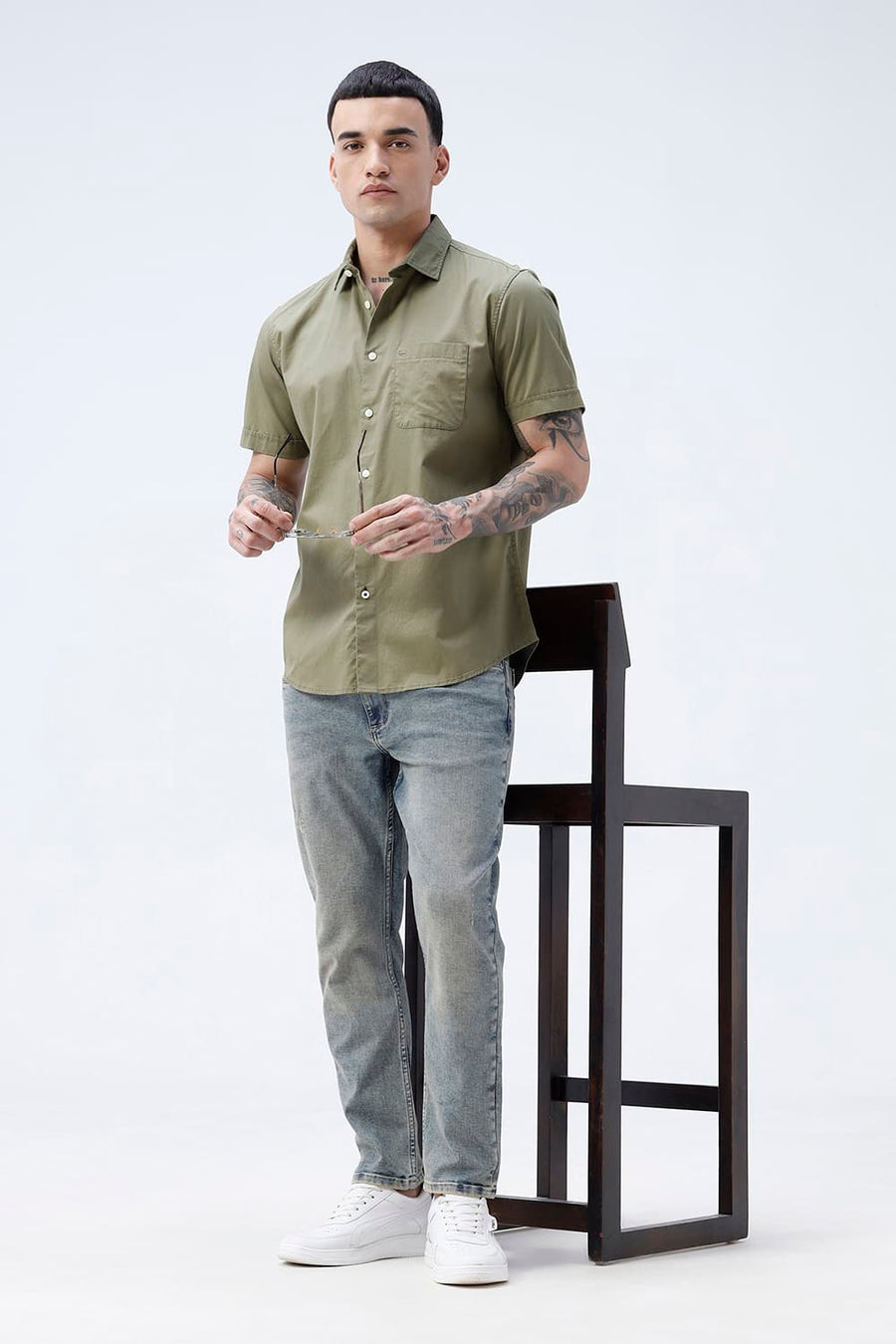 BASICS SLIM FIT LICHEN GREEN COTTON TWILL HALFSLEEVES SHIRT
