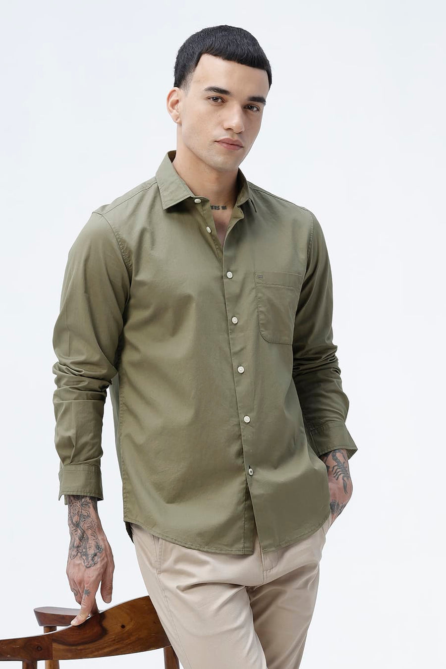 BASICS SLIM FIT LICHEN GREEN COTTON TWILL SHIRT