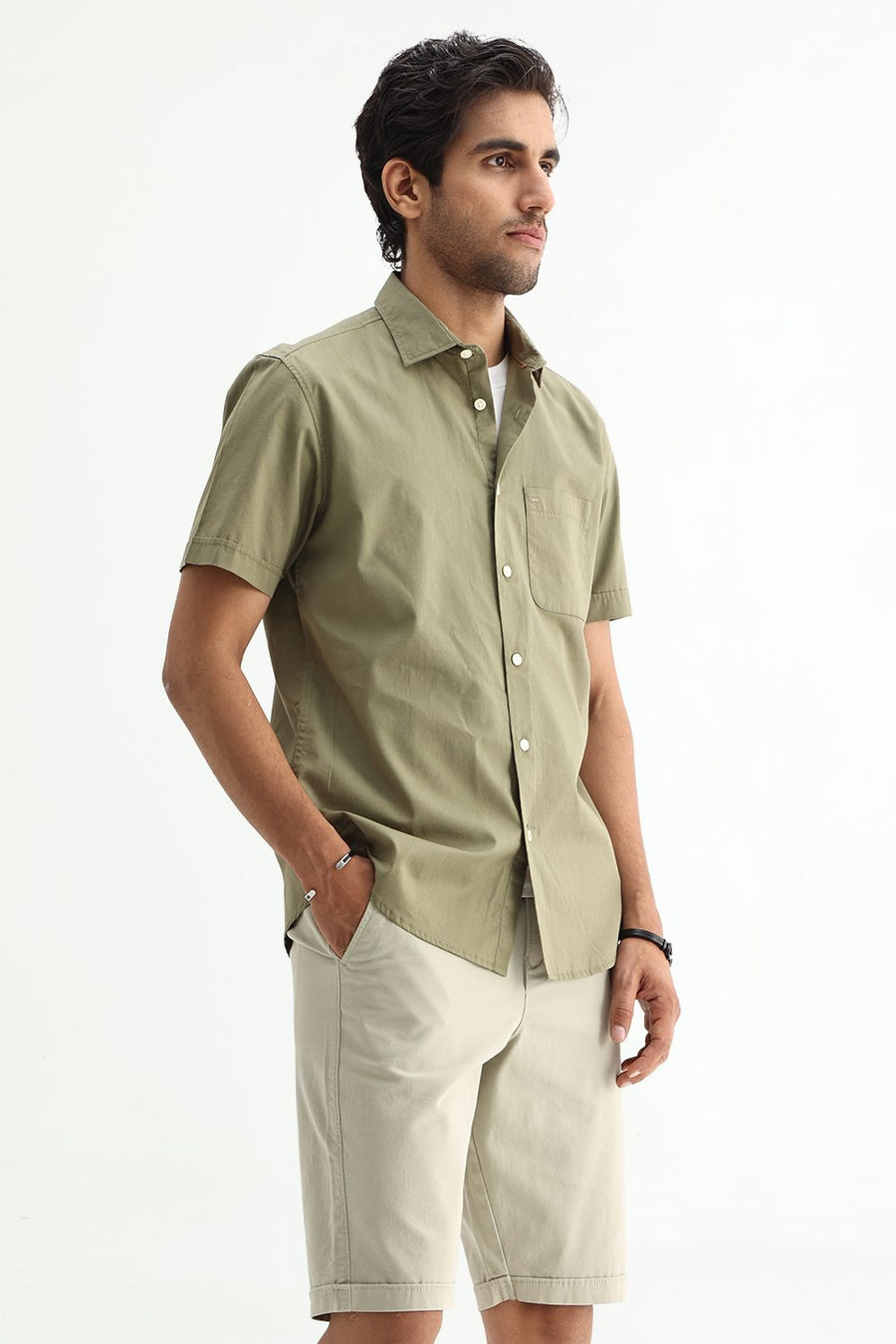 BASICS SLIM FIT LICHEN GREEN COTTON TWILL SHIRT