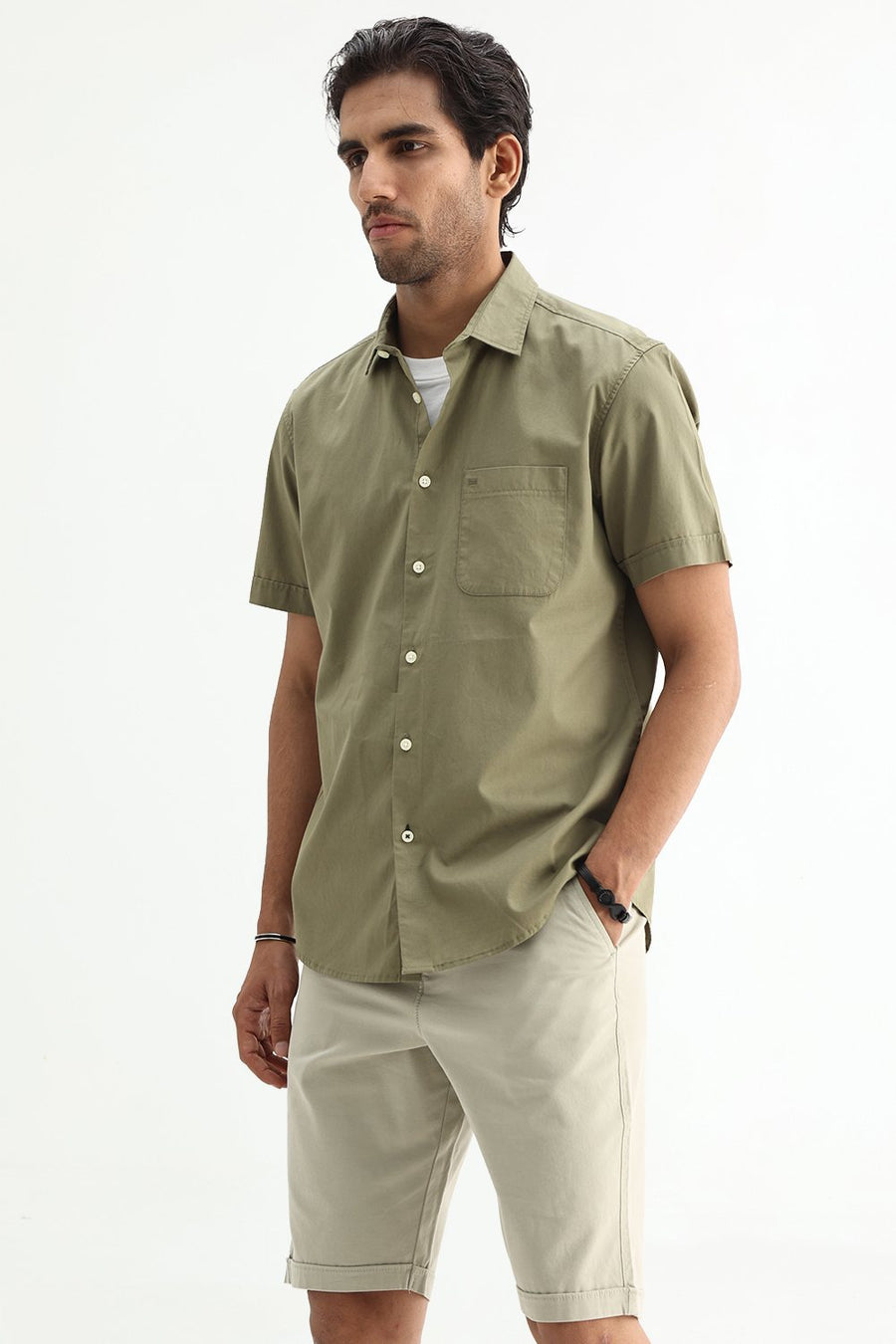 BASICS SLIM FIT LICHEN GREEN COTTON TWILL SHIRT
