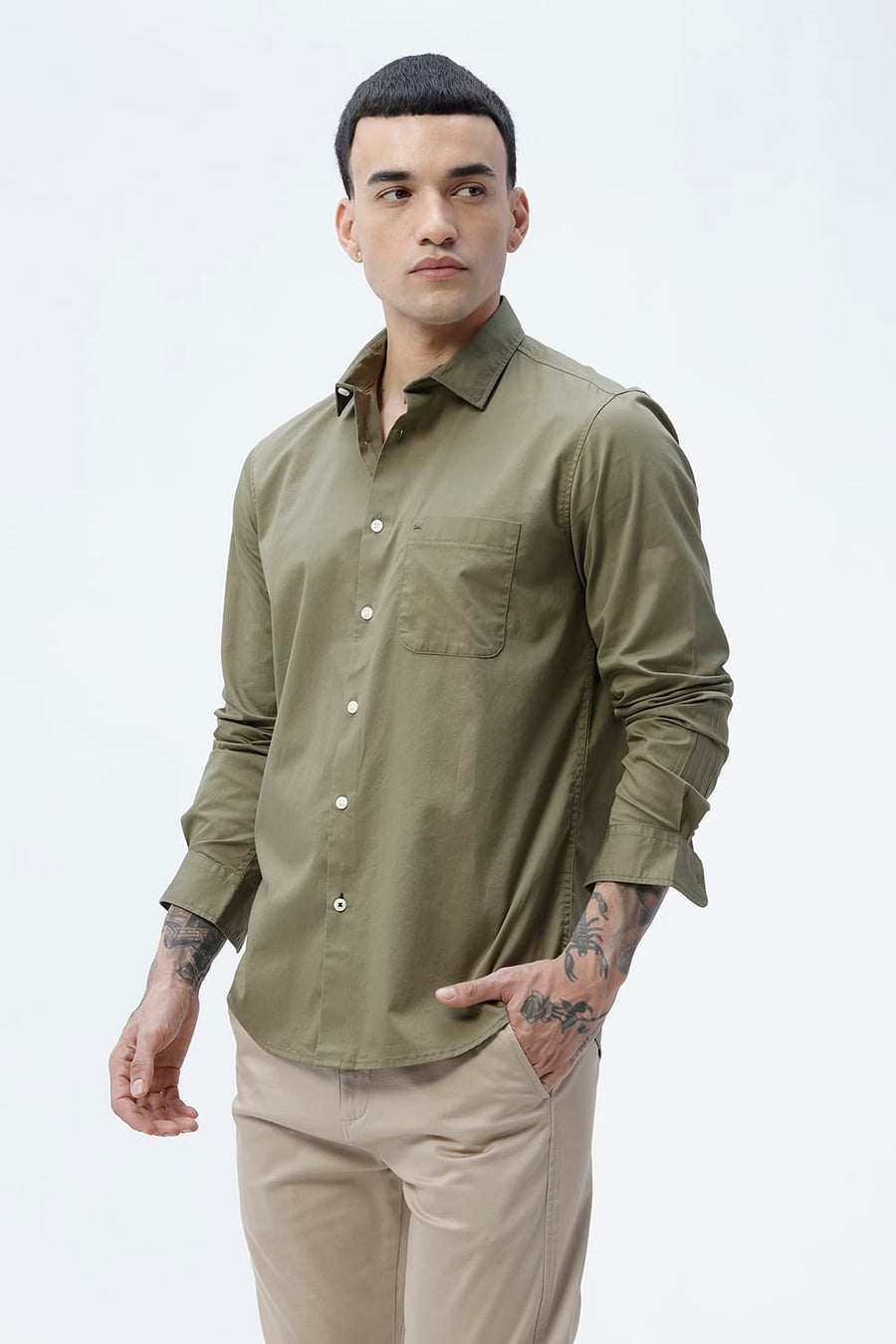 BASICS SLIM FIT LICHEN GREEN COTTON TWILL SHIRT