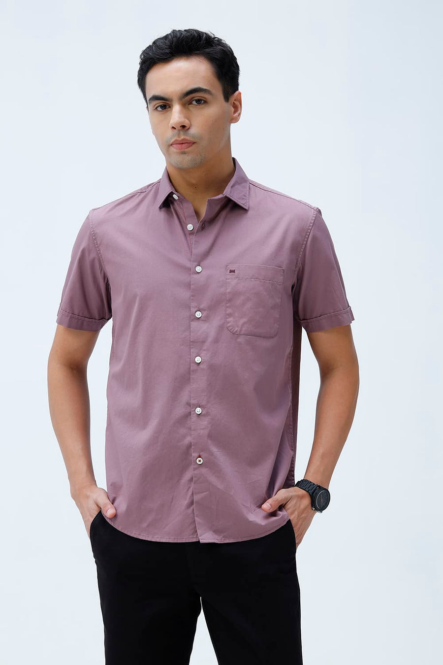 BASICS SLIM FIT TOADSTOOL PURPLE COTTON TWILL HALFSLEEVES SHIRT