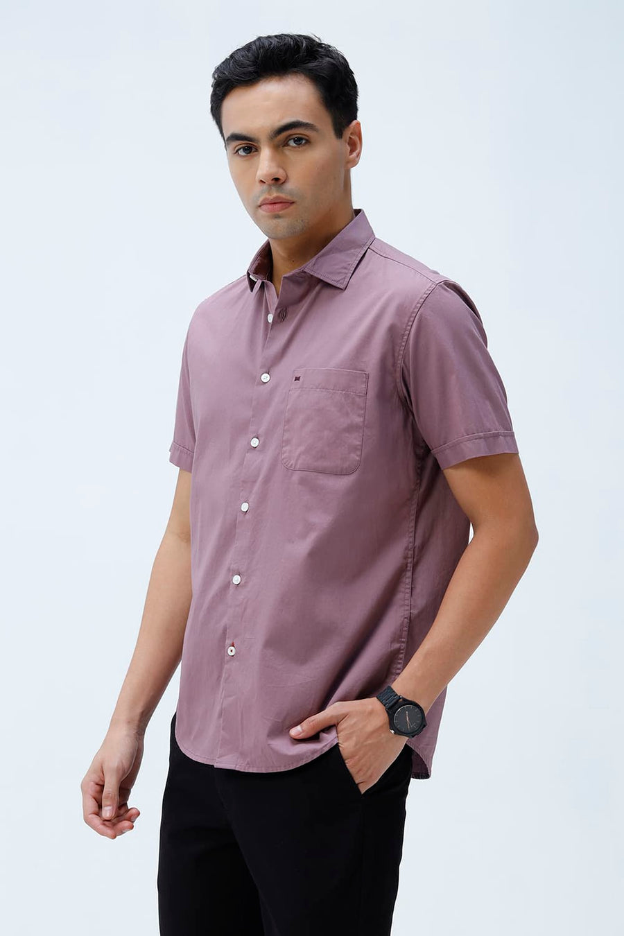 BASICS SLIM FIT TOADSTOOL PURPLE COTTON TWILL HALFSLEEVES SHIRT