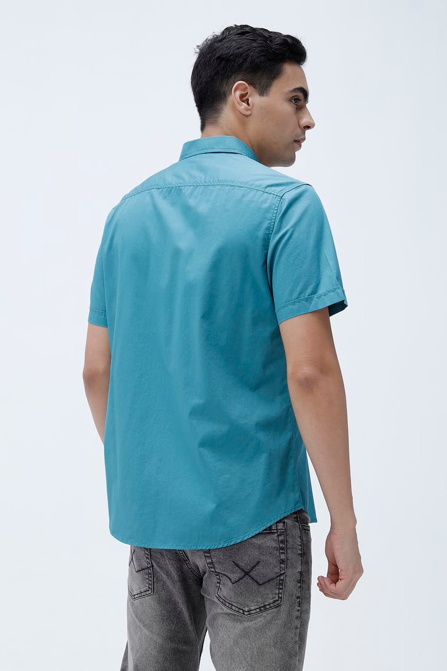 BASICS SLIM FIT MEADOW TEAL COTTON TWILL HALFSLEEVES SHIRT