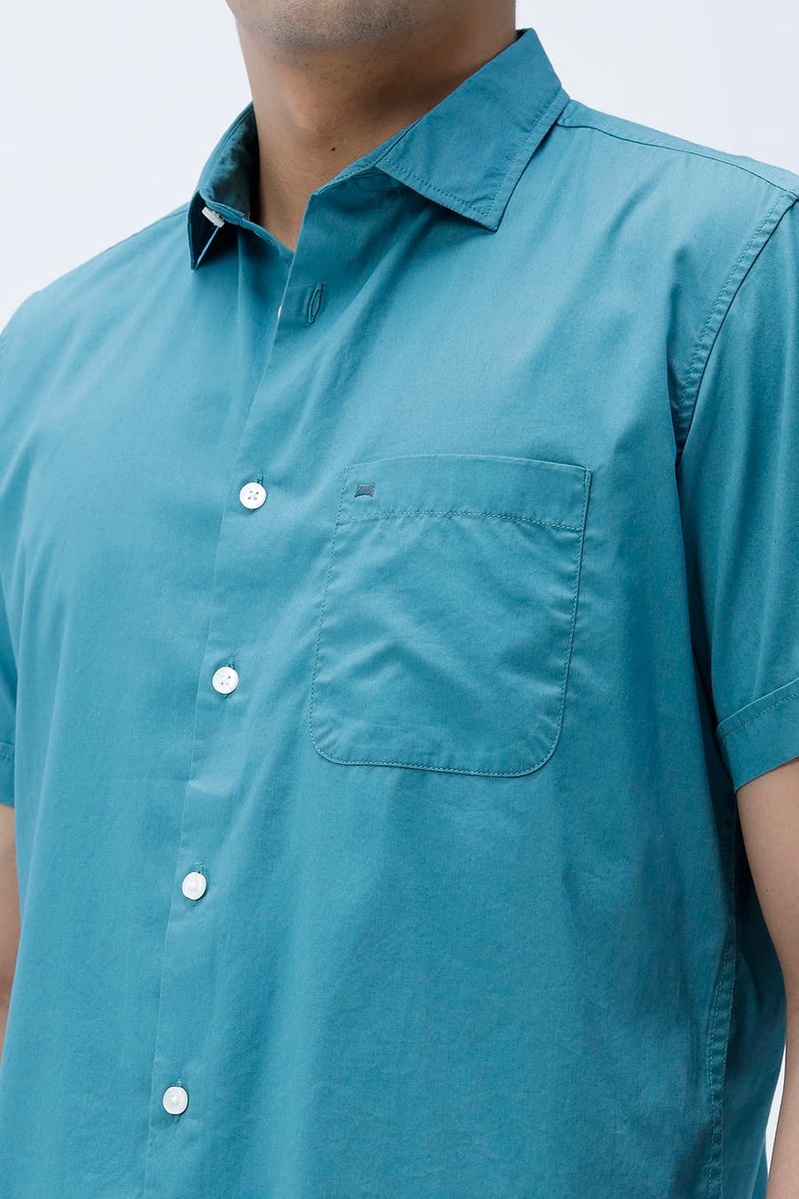 BASICS SLIM FIT MEADOW TEAL COTTON TWILL HALFSLEEVES SHIRT