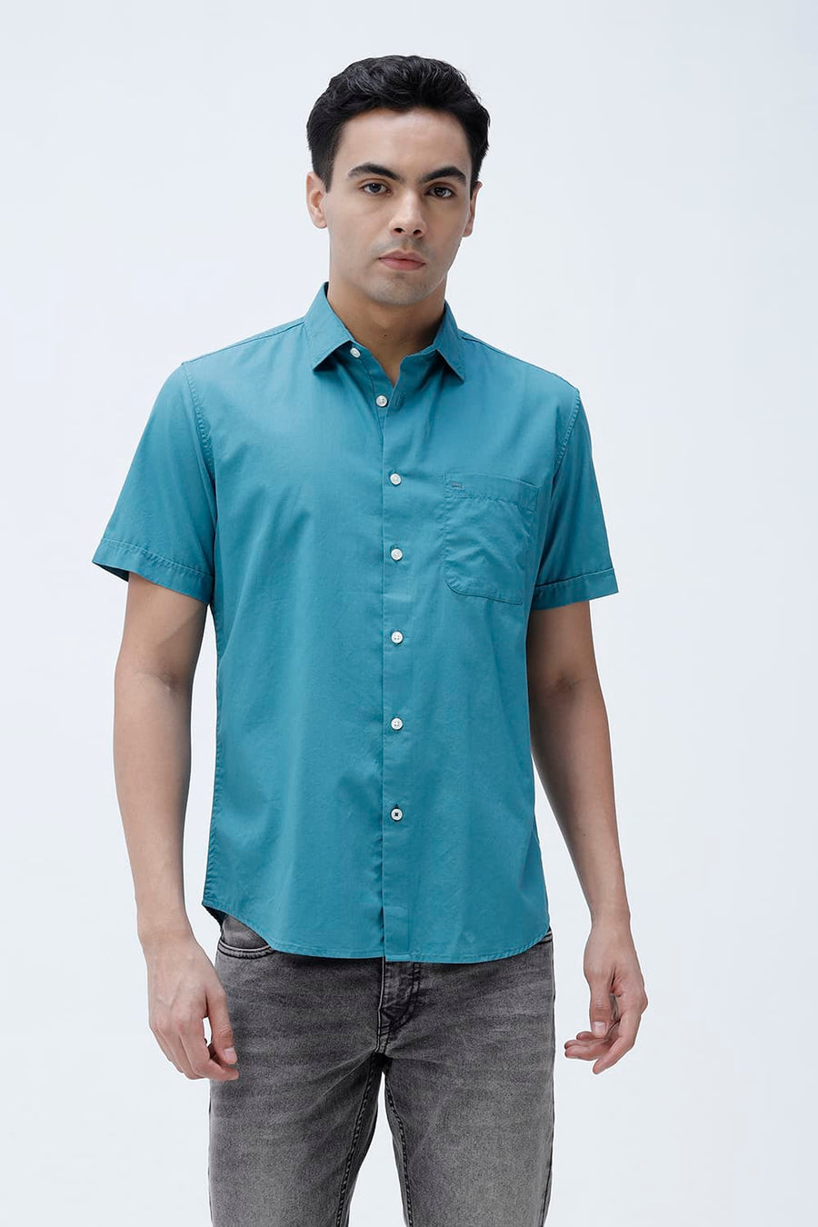 BASICS SLIM FIT MEADOW TEAL COTTON TWILL HALFSLEEVES SHIRT