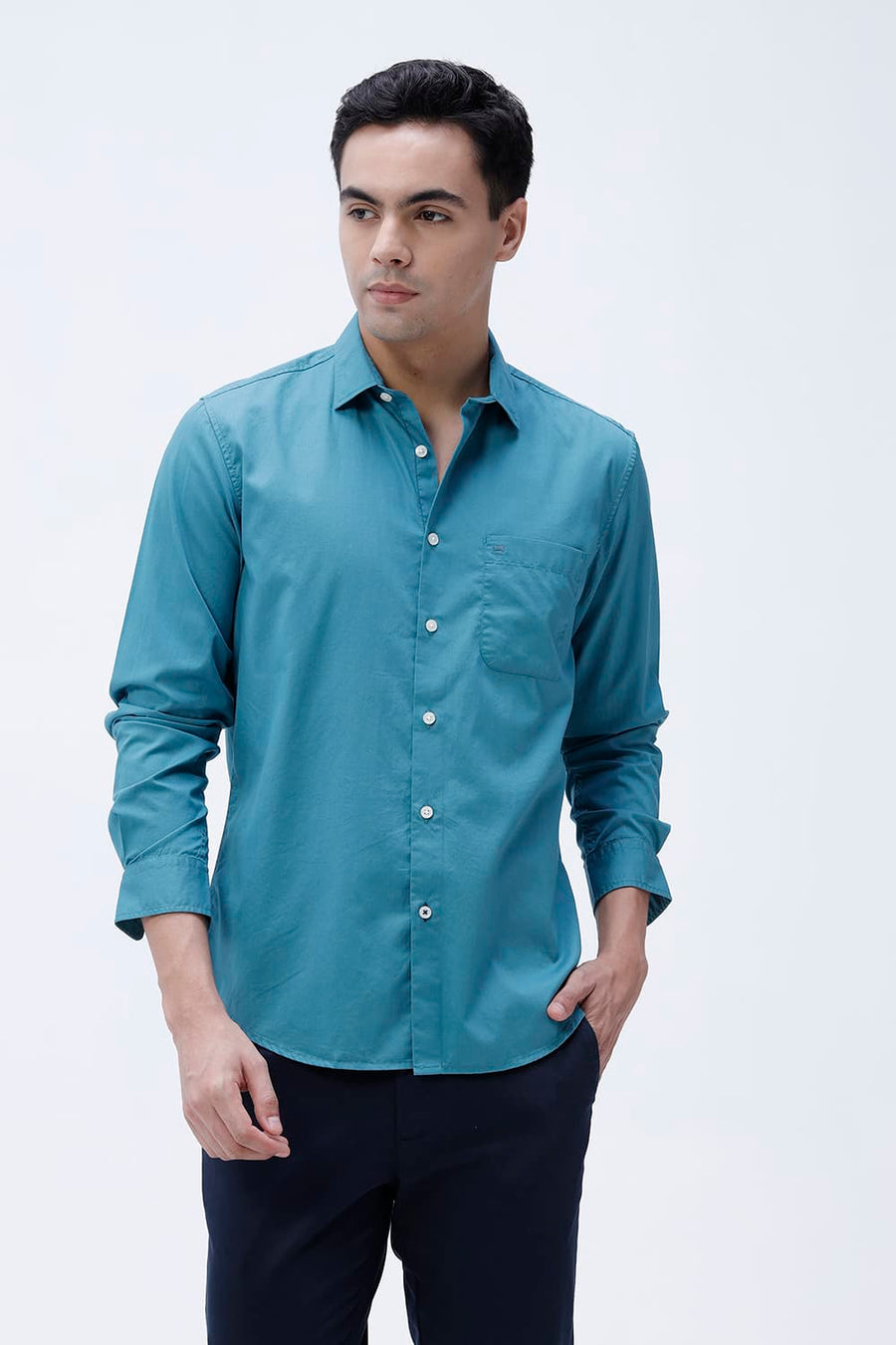 BASICS SLIM FIT MEADOW TEAL COTTON TWILL SHIRT
