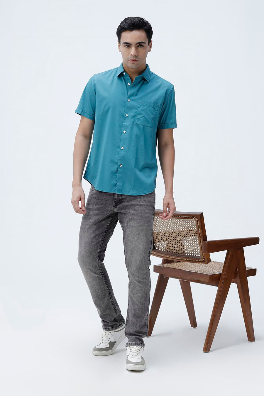 BASICS SLIM FIT MEADOW TEAL COTTON TWILL HALFSLEEVES SHIRT