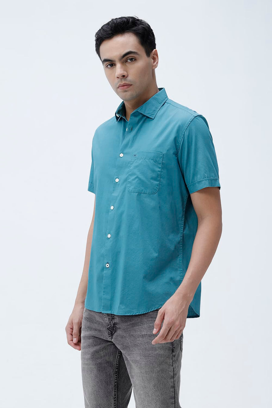 BASICS SLIM FIT MEADOW TEAL COTTON TWILL HALFSLEEVES SHIRT