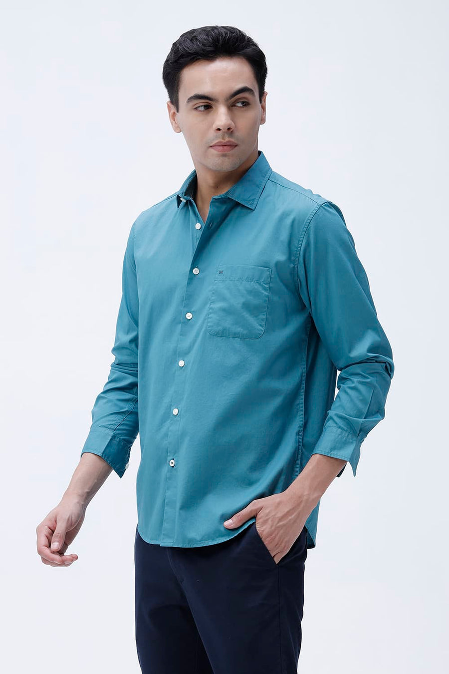 BASICS SLIM FIT MEADOW TEAL COTTON TWILL SHIRT