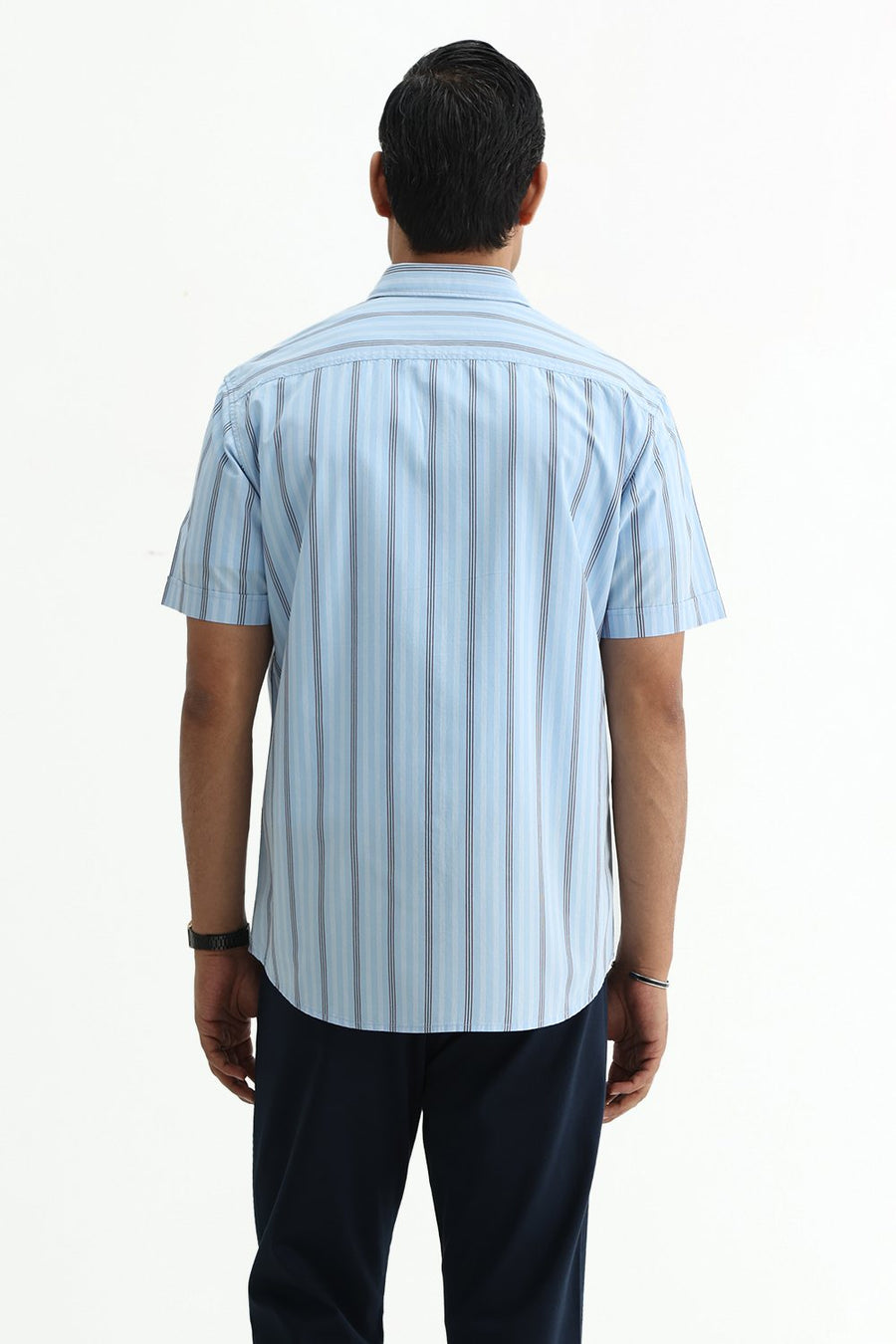 BASICS SLIM FIT SUMMER BLUE COTTON PLAIN STRIPES HALFSLEEVES SHIRT