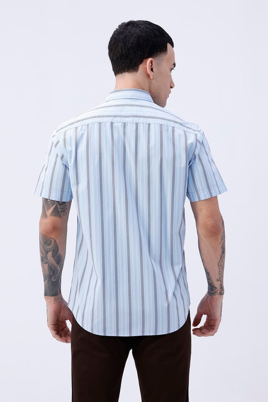 BASICS SLIM FIT SUMMER BLUE COTTON PLAIN STRIPES HALFSLEEVES SHIRT