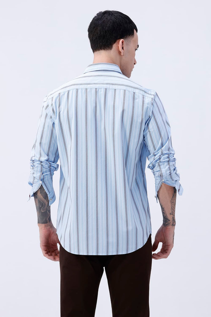 BASICS SLIM FIT SUMMER BLUE COTTON PLAIN STRIPES SHIRT