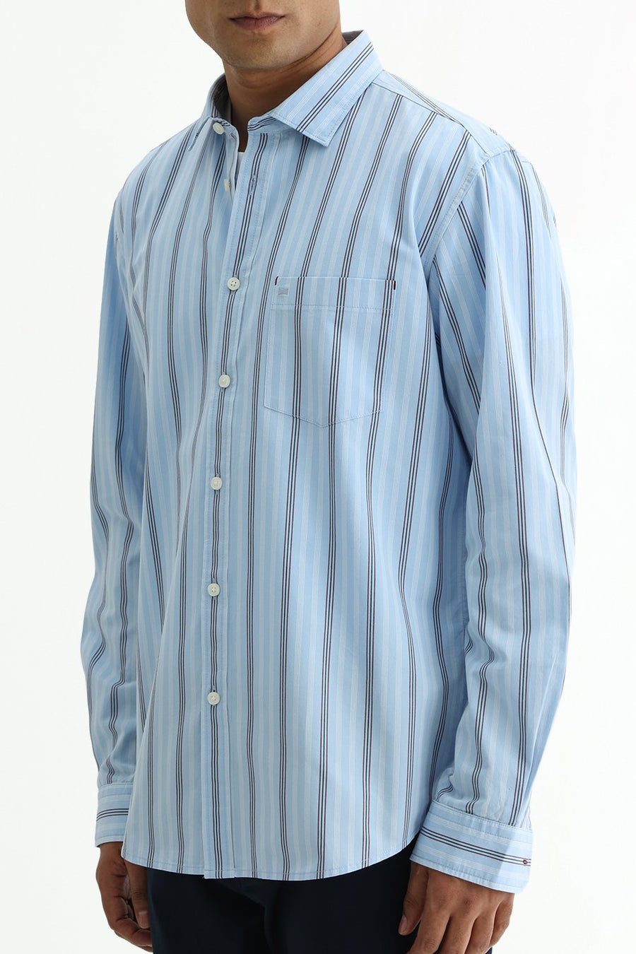 BASICS SLIM FIT SUMMER BLUE COTTON PLAIN STRIPES SHIRT
