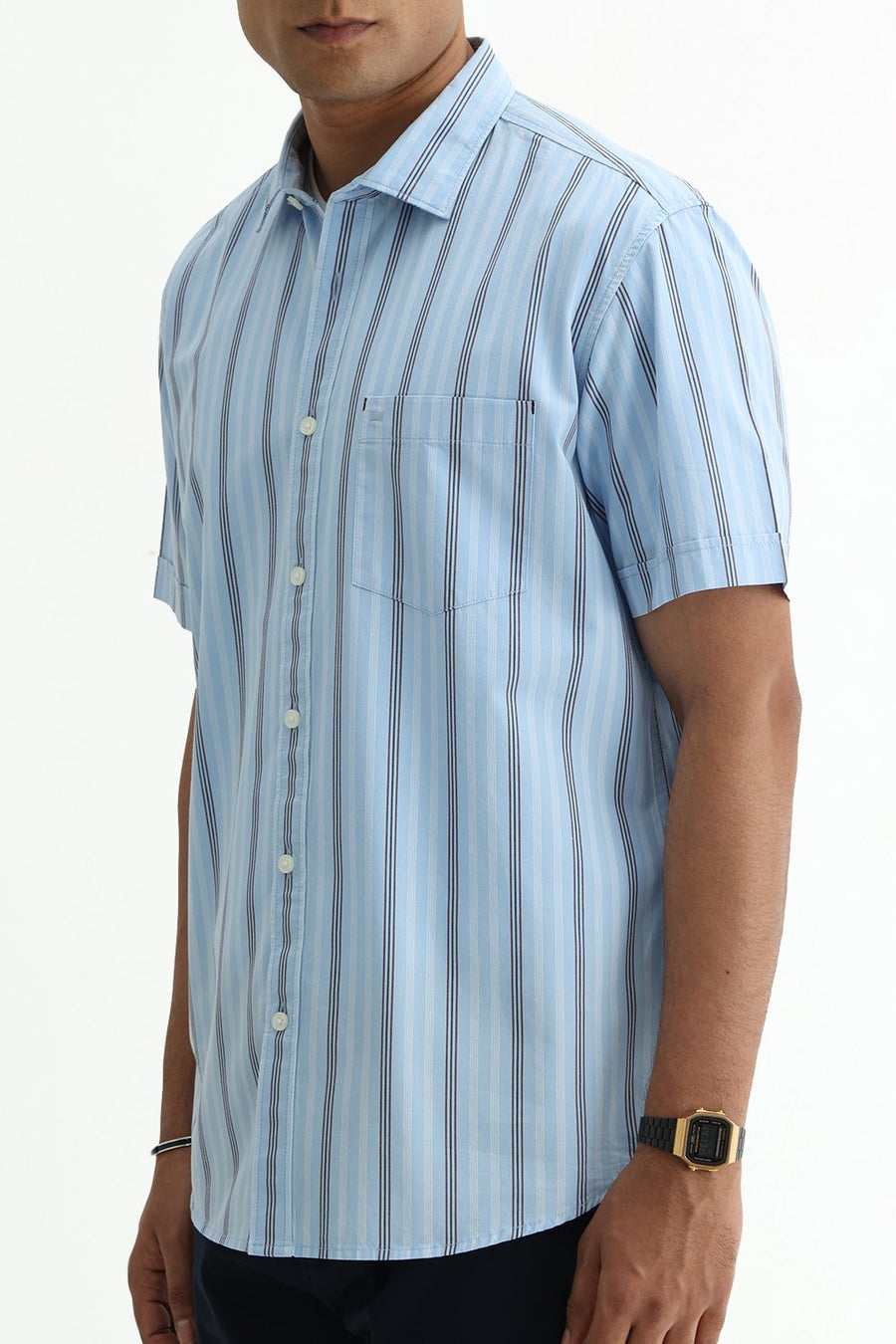 BASICS SLIM FIT SUMMER BLUE COTTON PLAIN STRIPES HALFSLEEVES SHIRT